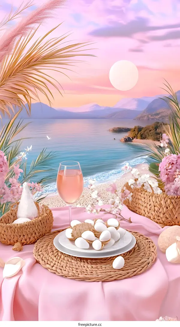 Coastal Spring Picnic with White Eggs and Wine Glass on Pink Tablecloth