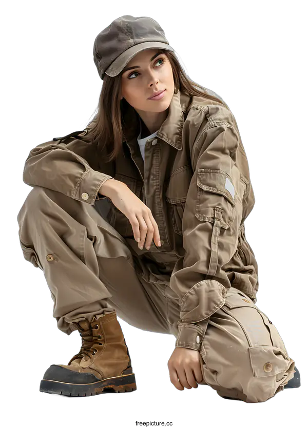 [Transparent Background PNG]Woman in Brown Workwear Crouching