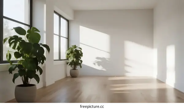 Bright and empty room with large windows and green plants inside