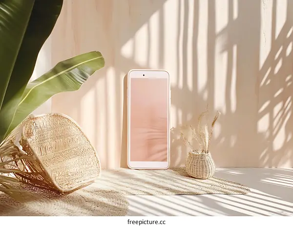 Minimalist Beige Still Life with Smartphone and Wicker Basket