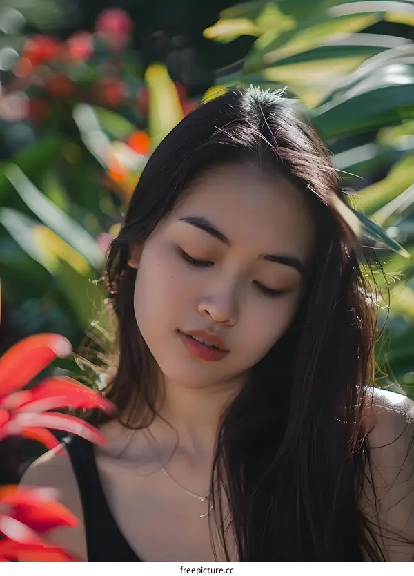 Portrait of a Young Asian Woman with Eyes Closed