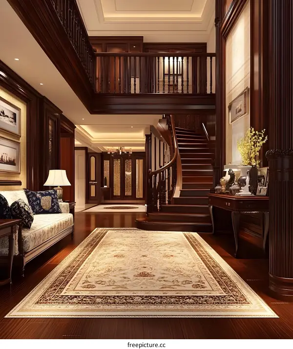 Luxury Home Interior Design with Wooden Staircase and Ornate Rug