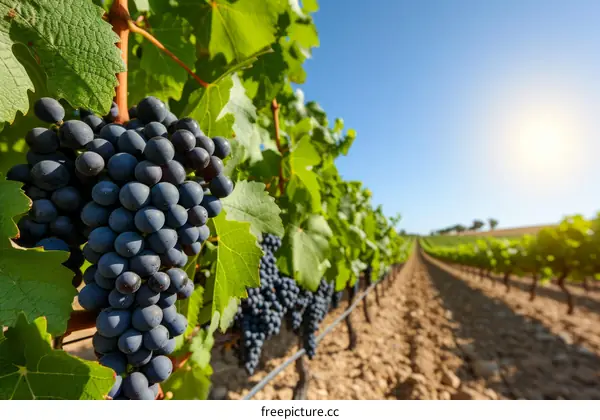 Close-up of a bunch of ripe purple grapes on the vine with green leaves in a vineyard