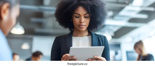 African American Businesswoman Working on Tablet in Modern Office