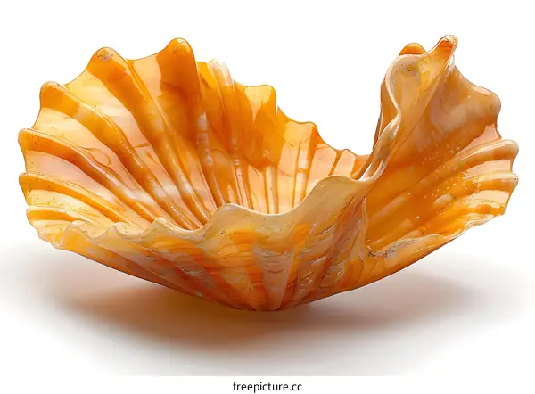 An amber colored blown glass bowl with a wavy rim