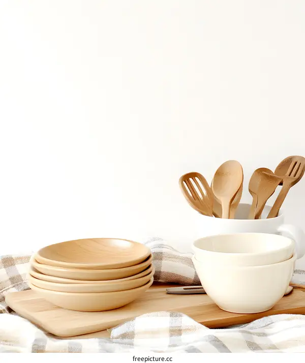 Wooden Bowls and Kitchen Utensils on White Background