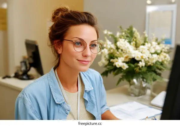 Woman in a light blue shirt working at a desk