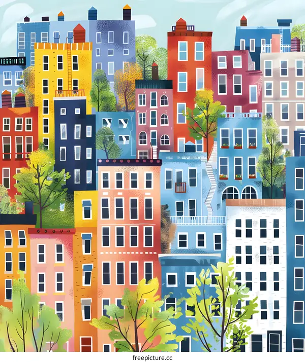 Colorful Cityscape Illustration With Buildings and Trees
