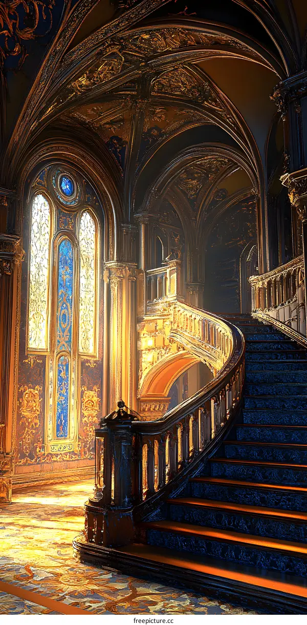 Elegant Staircase in a Golden Hall