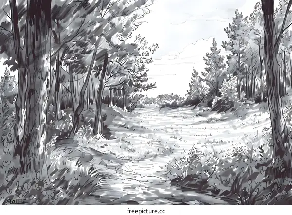 Black and White Drawing of a Forest Path