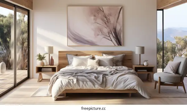 Modern bedroom with a large bed, two bedside tables, a painting, a rug, a chair and a potted plant
