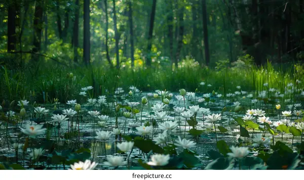 White Water Lilies Blooming in a Serene Forest Pond