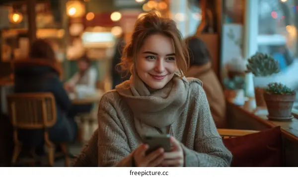 Young woman smiling while looking at her phone in a cafe