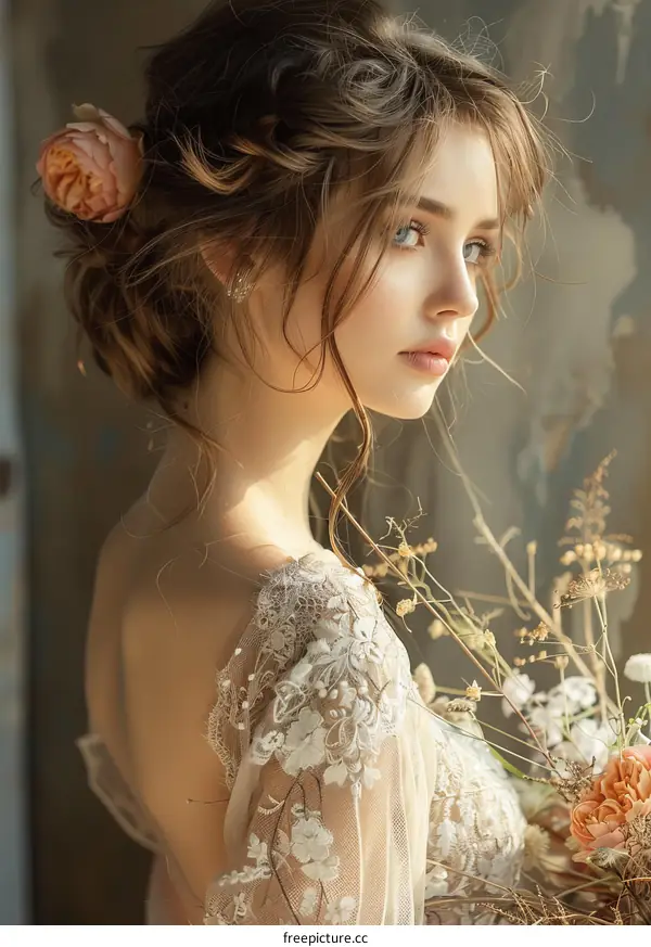 Beautiful Woman in Vintage Wedding Dress