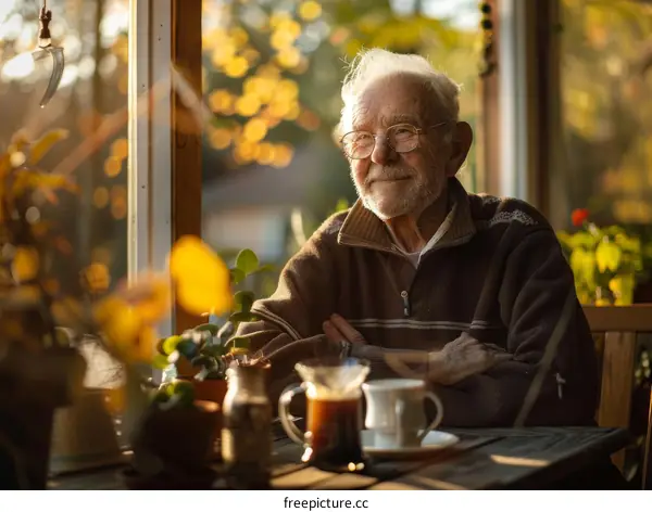 An elderly man is sitting at a table and looking out the window.