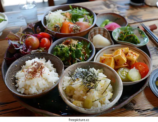 Japanese food platter with rice and vegetables