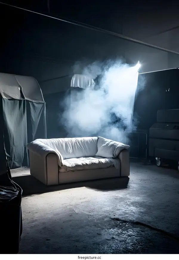 White Sofa in a Dark Room with Smoke and Spotlight