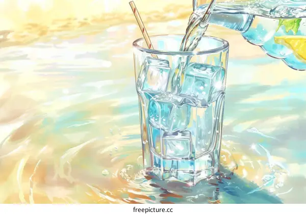 Pouring water into glass with ice cubes