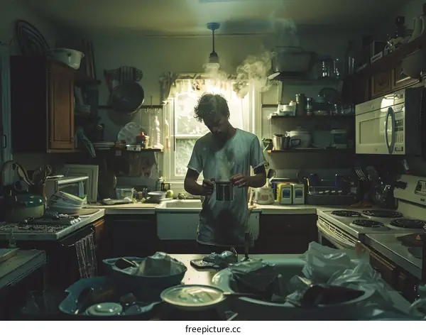 Young man cooking in a messy kitchen