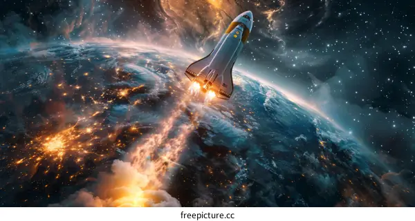 Space Shuttle Atlantis launching from Earth at night