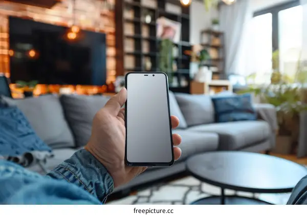 A person holding a smartphone in a living room