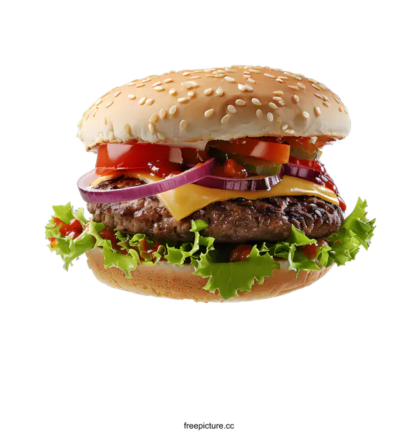 [Transparent Background PNG]hamburger with lettuce tomato onion and cheese