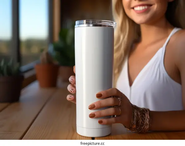 An attractive blonde woman holding a white tumbler mug with a clear lid