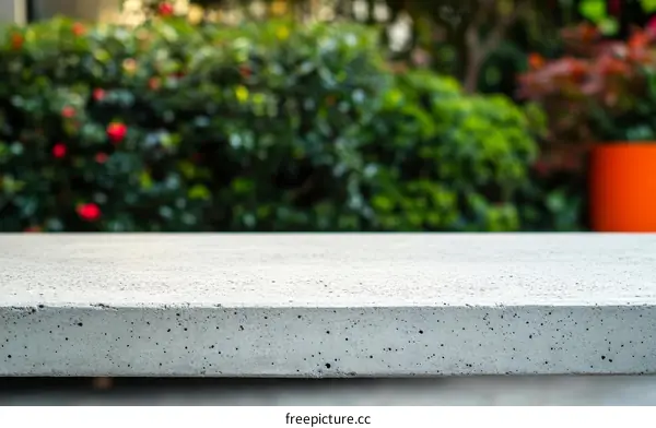 Gray Concrete Tabletop with Blurred Garden Background