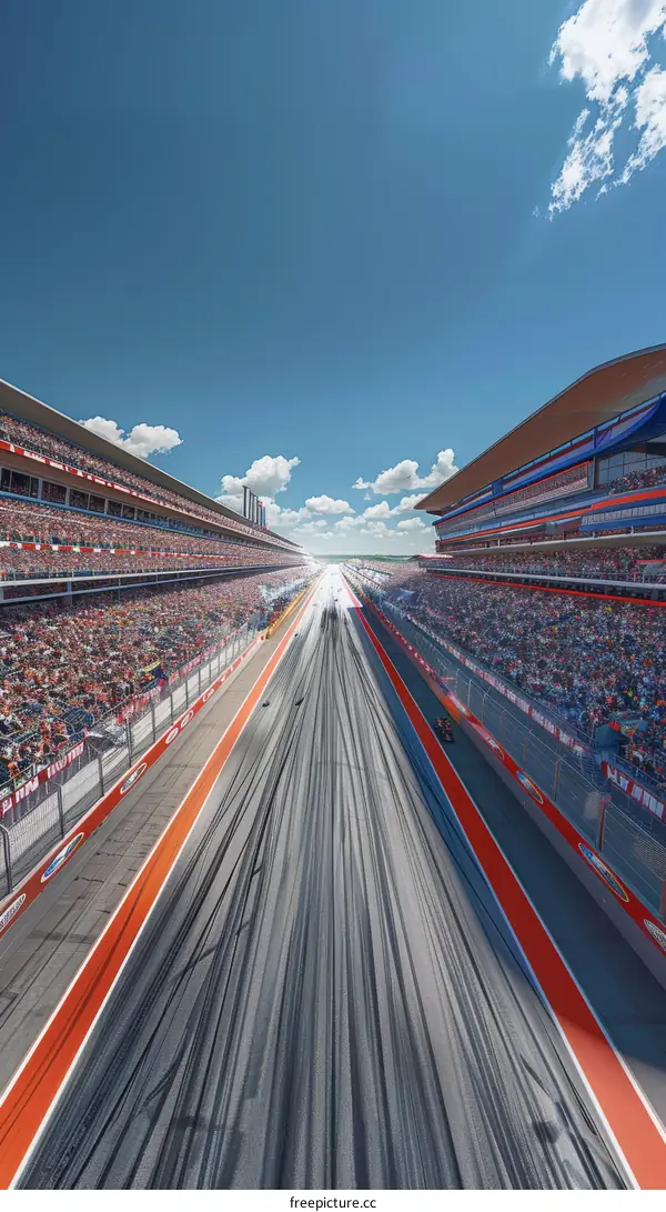 Aerial view of a drag racing strip with a large crowd in the stands