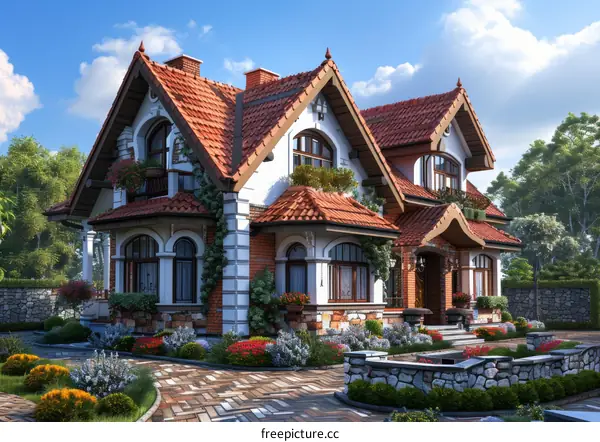 European style house with red roof