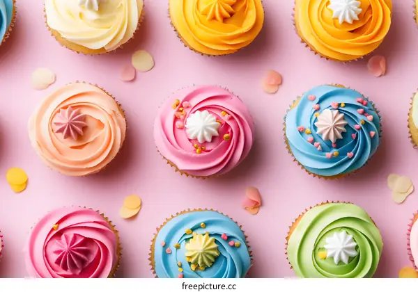 Colorful Cupcakes with Sprinkles and Confetti on Pink Background