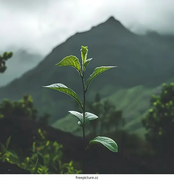 Small Plant Growing in Front of Mountain