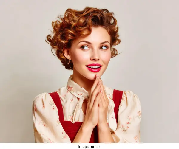 Vintage Woman with Curly Hair and Red Lips