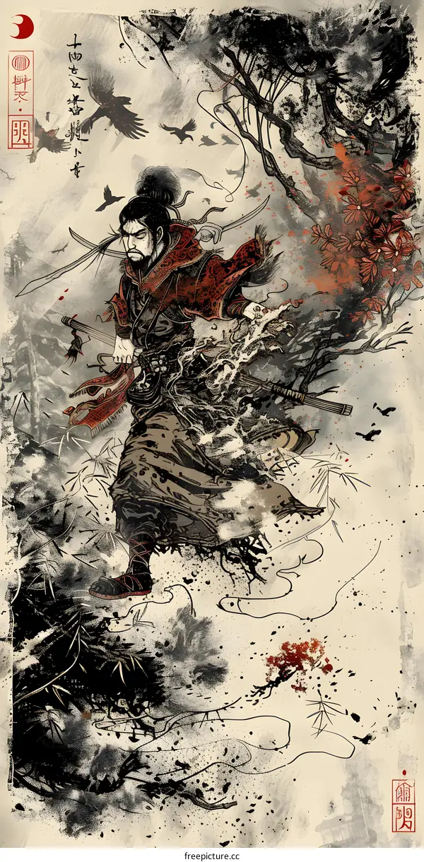 Japanese Samurai Warrior Running Through Forest Illustration