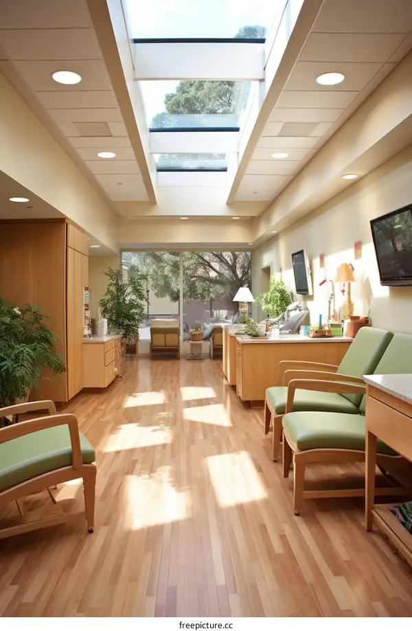 Hospital waiting room with green chairs and plants