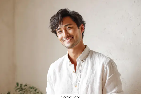 Smiling Asian Man in a White Shirt