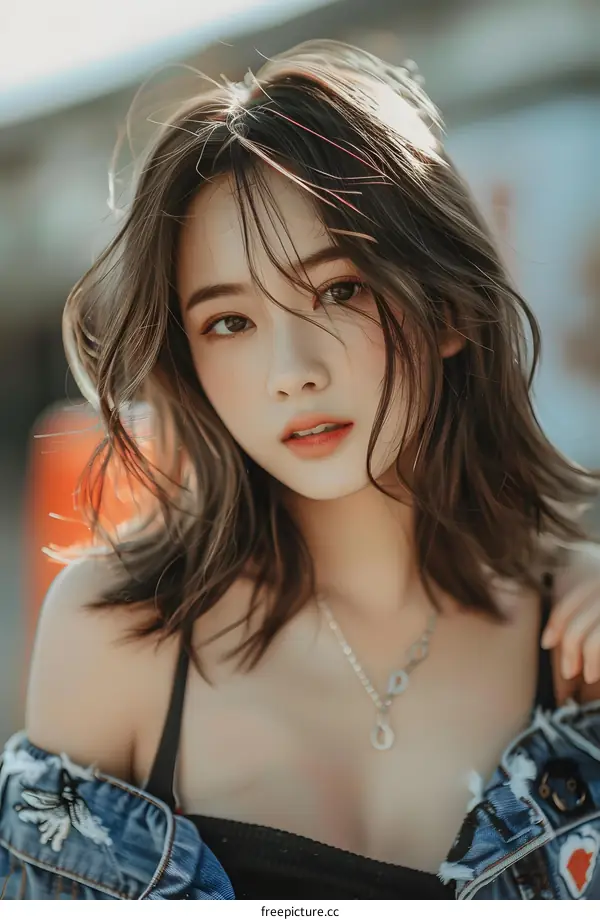 Beautiful Asian Woman with Brown Hair Posing with Denim Jacket
