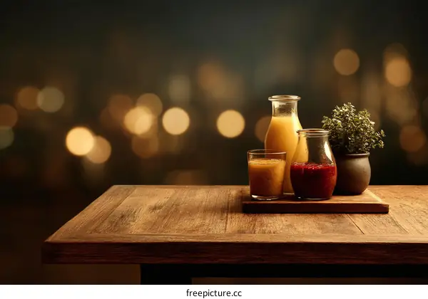 Wooden Tabletop with Healthy Juices and Smoothies