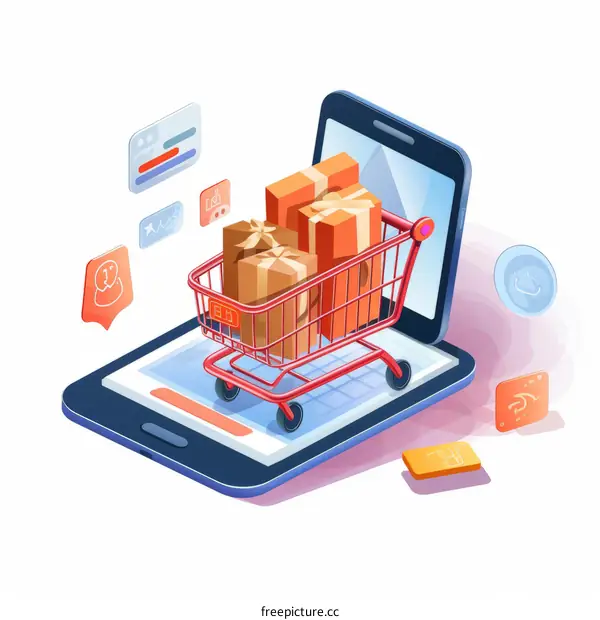 Isometric illustration of online shopping with a smartphone
