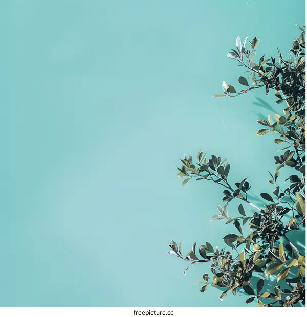 Green Leaves on a Mint Blue Wall
