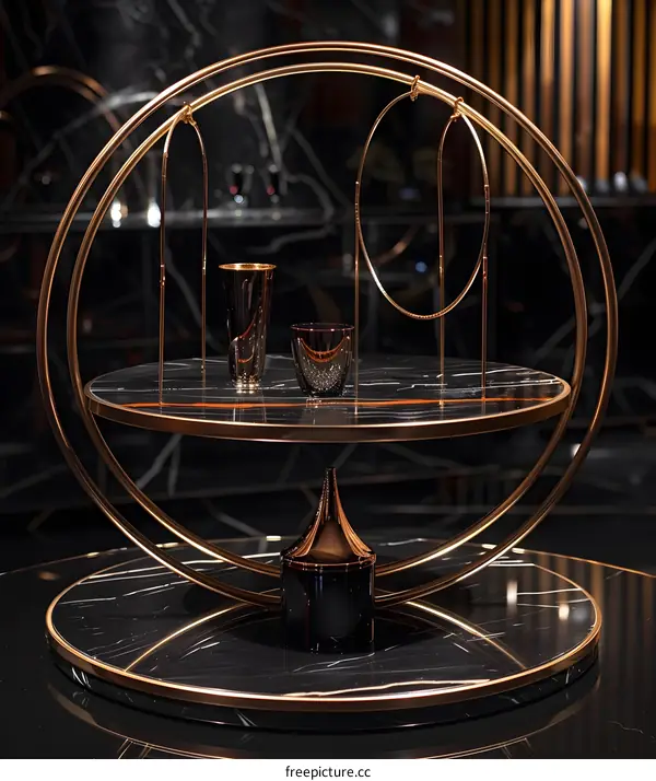 Golden Circular Serving Cart with Marble Top