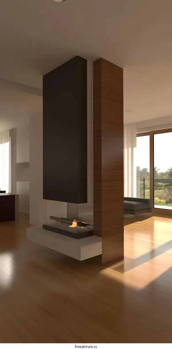 Modern Minimalist Interior Design with Fireplace and Large Windows