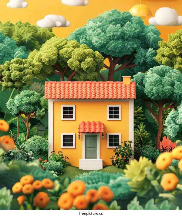 Yellow house in the middle of a lush green forest