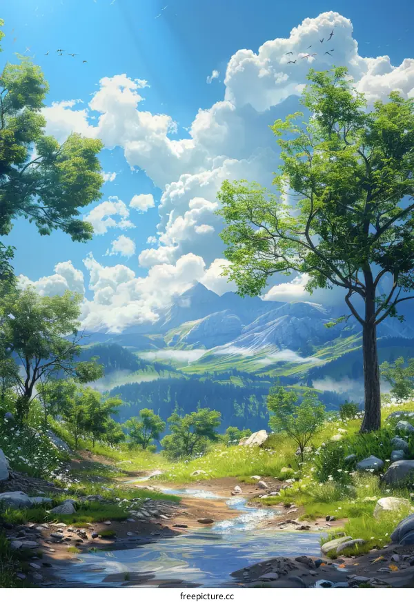 Tranquil Mountain Stream Flowing Through a Serene and Tranquil Valley