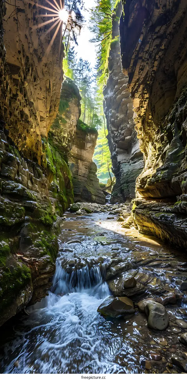 Sunlight Streaming Through Canyon Rocks And Waterfalls