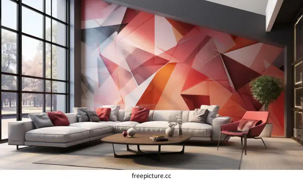 Modern geometric red and pink abstract art wallpaper in living room interior