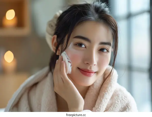 Asian woman applying facial cleanser