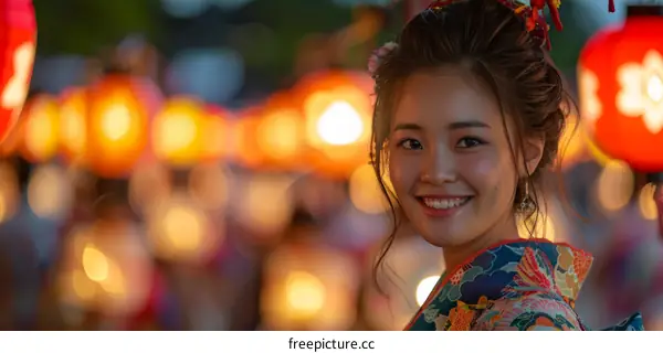 A young woman in a kimono at a Japanese festival