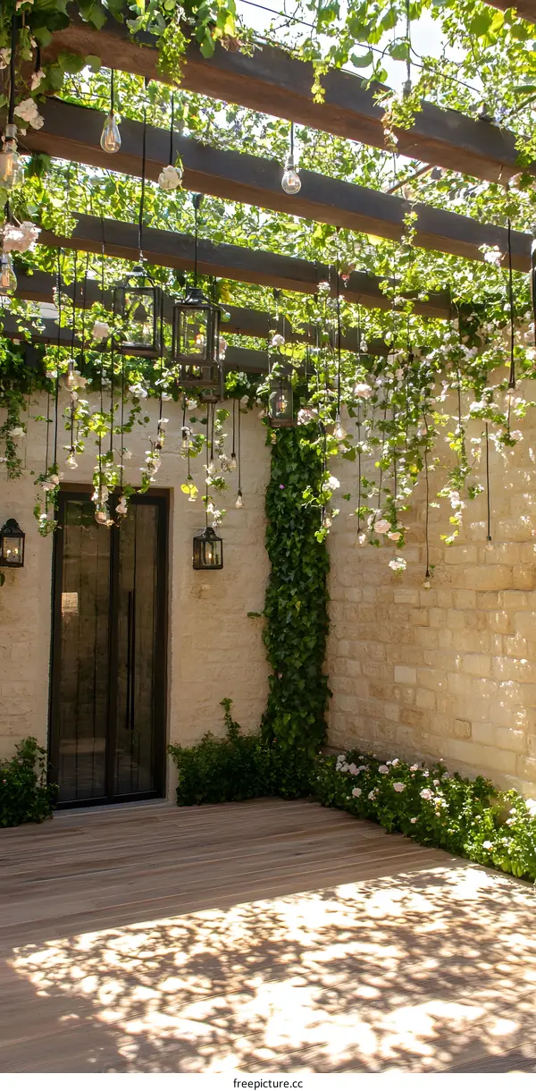 Outdoor Patio With Wooden Pergola, Greenery, Flowers, and Light Bulbs
