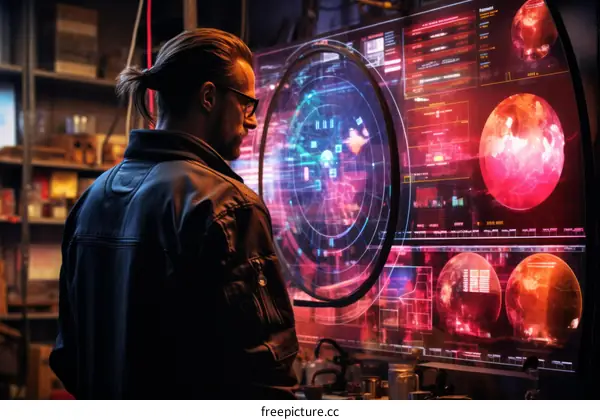 futuristic man looking at a digital screen